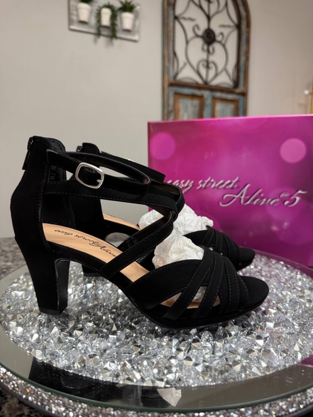 easy street Black Strappy Mid Heel Dress dance Sandals NEW 7W